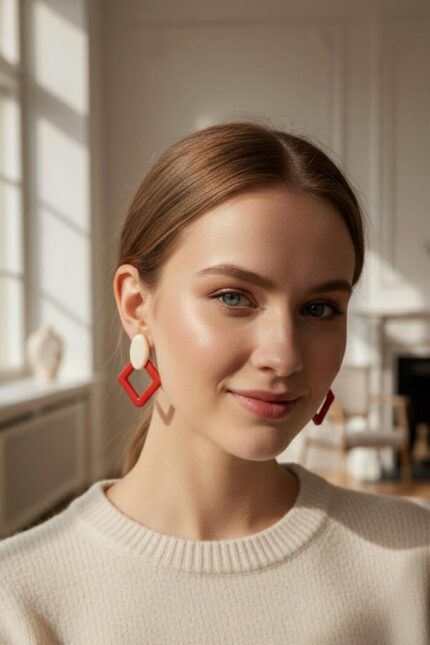 Red and Ivory Geometric Earrings for Women